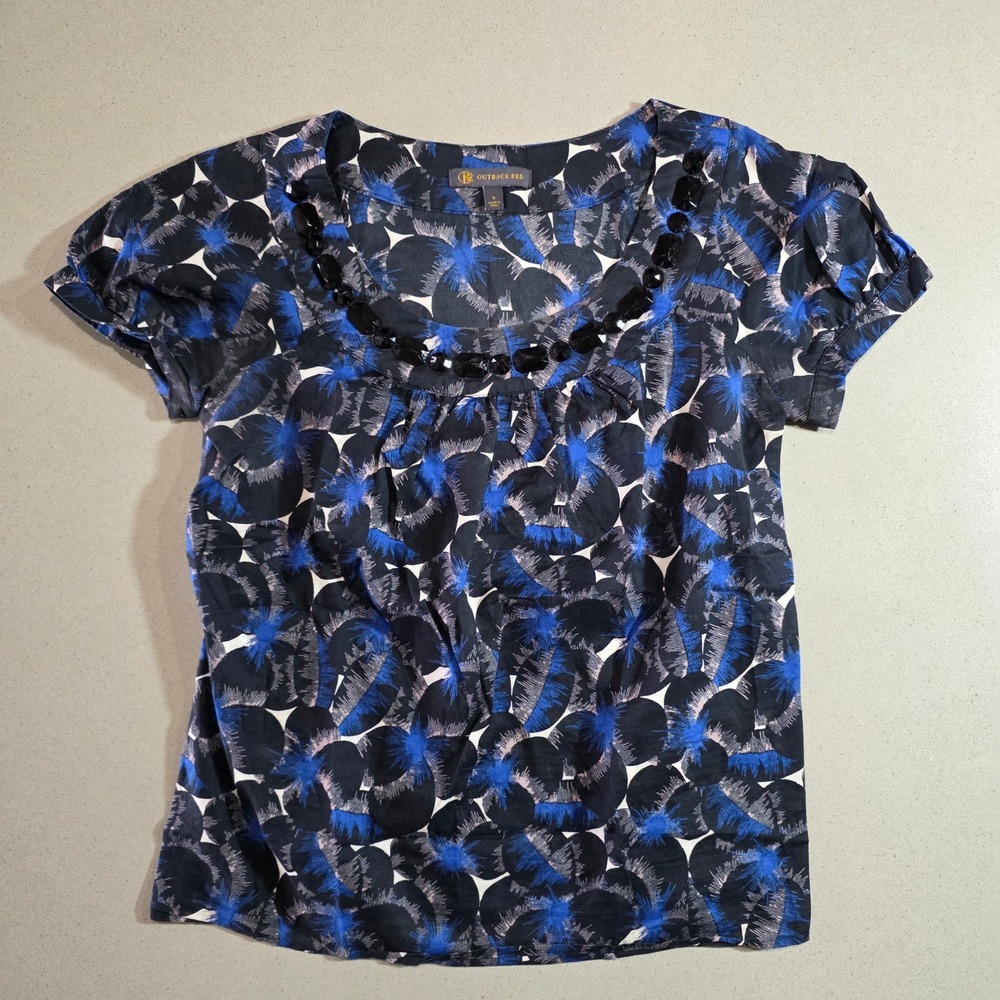 Outback Red Womens Small Blue Black Floral Beaded Neck Blouse Short Sleeve Top